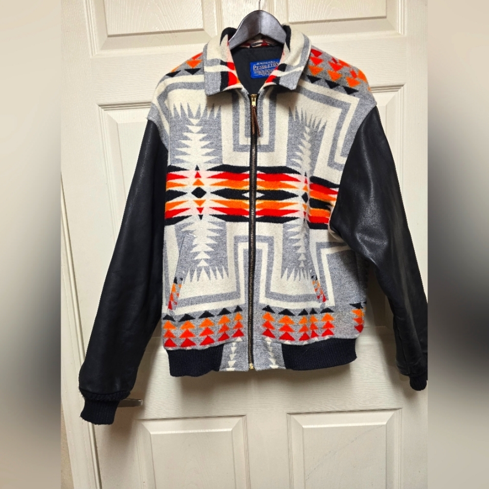 Vintage Pendleton Men’s "CHIEF JOSEPH" Wool  Leather Sleeve Bomber Jacket Size L